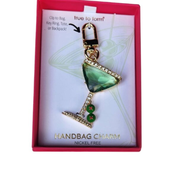 True To Form Rhinestone Glass Martini Keychain Bag Charm w/ Olives - Picture 1 of 6